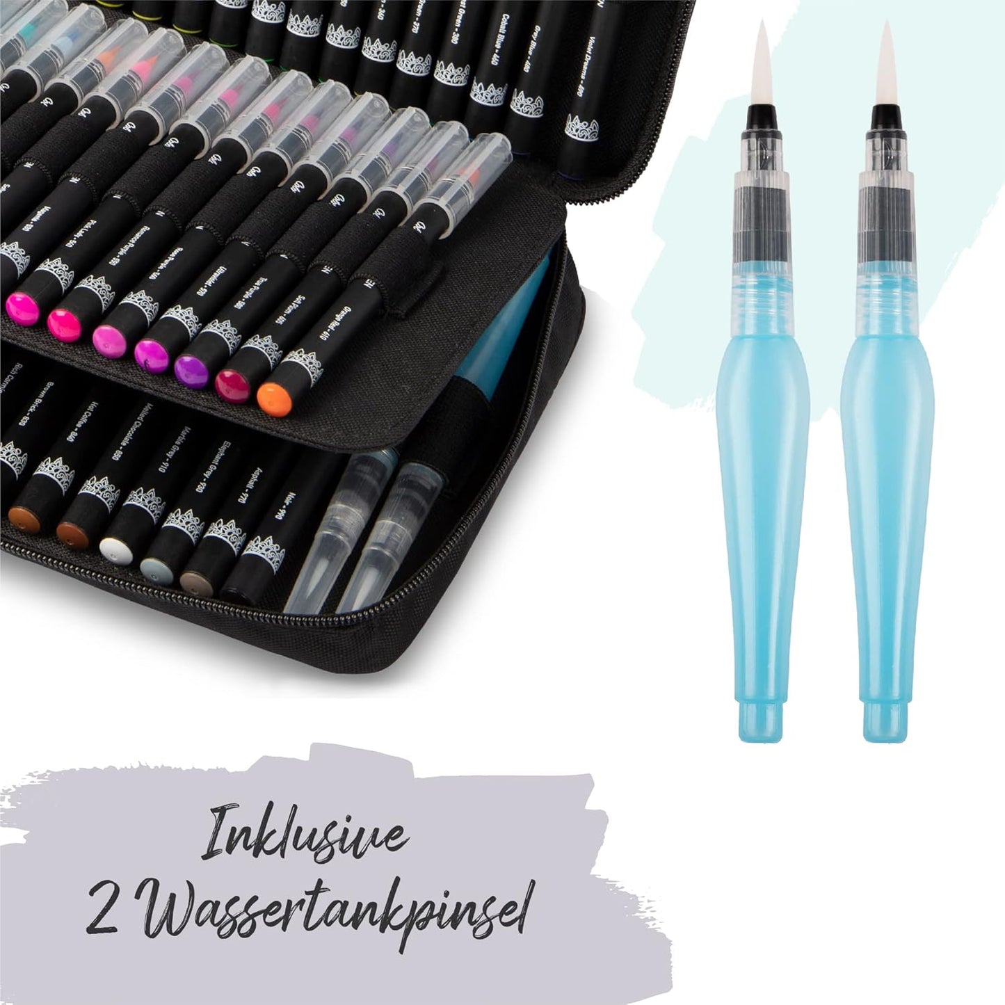 Brush Pen Set - 50-piece brush pen set from Colorya with nylon tip + 2 water-based brushes and carrying case, perfect for coloring books for adults, as handlettering pens for calligraphy, manga pens