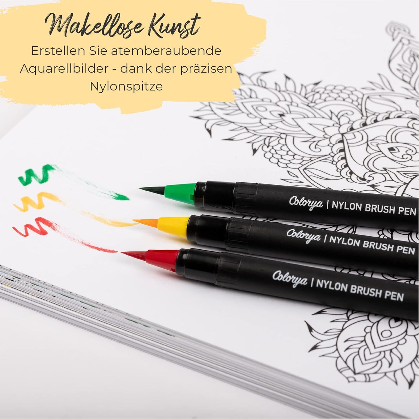 Brush Pen Set - 50-piece brush pen set from Colorya with nylon tip + 2 water-based brushes and carrying case, perfect for coloring books for adults, as handlettering pens for calligraphy, manga pens
