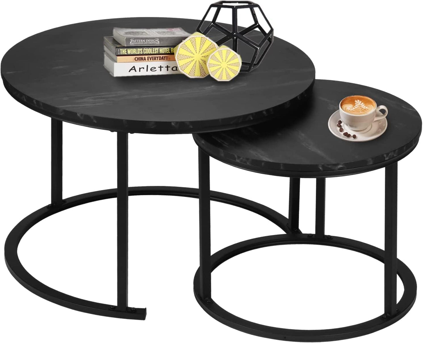 BIGTREE Couchtisch Rund, Satztisch 2er Set, Wohnzimmertisch Modern, Größe: 70x70x45cm, 50 x50x40cm,Beistelltisch Set aus Holz mit Metallgestell für Wohnzimmer Balkon Büro (Schwarz)