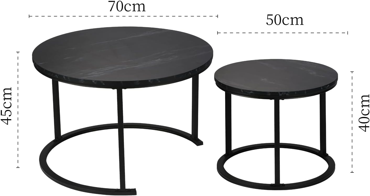 BIGTREE Couchtisch Rund, Satztisch 2er Set, Wohnzimmertisch Modern, Größe: 70x70x45cm, 50 x50x40cm,Beistelltisch Set aus Holz mit Metallgestell für Wohnzimmer Balkon Büro (Schwarz)