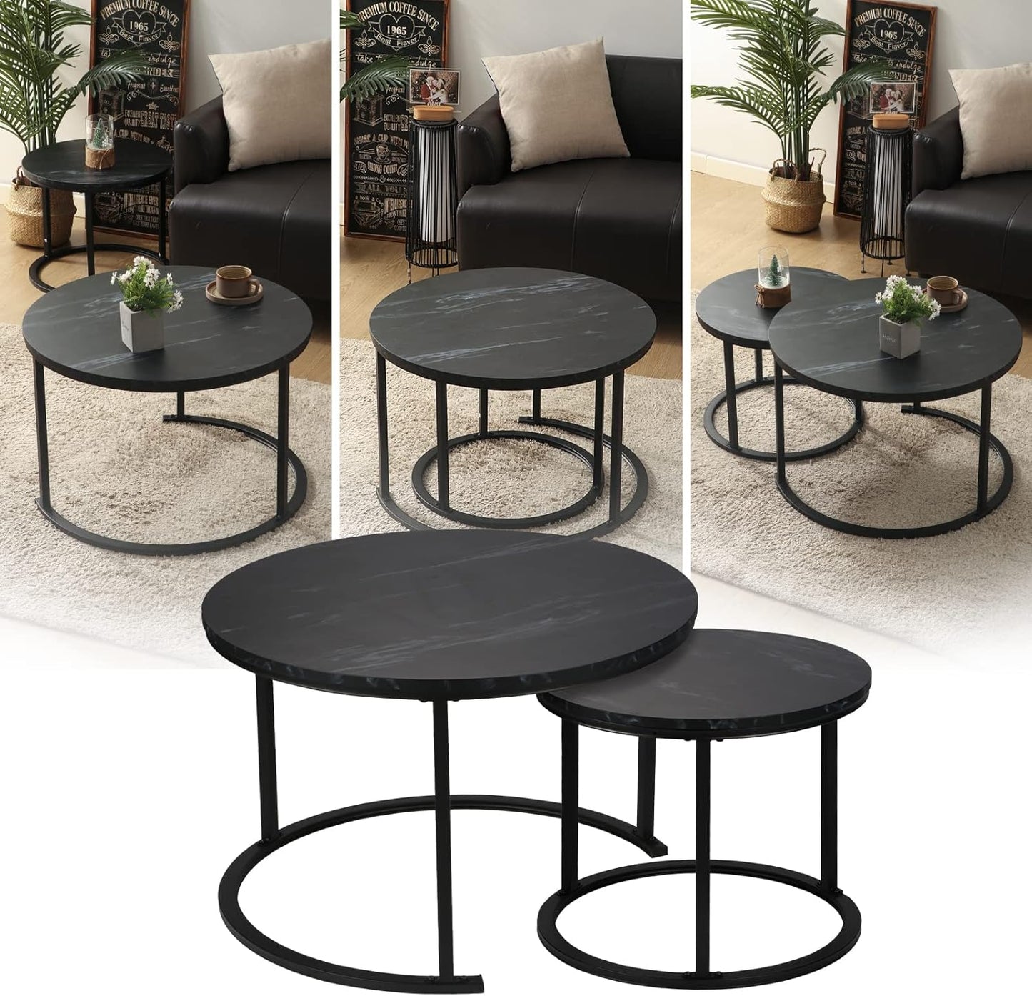 BIGTREE Couchtisch Rund, Satztisch 2er Set, Wohnzimmertisch Modern, Größe: 70x70x45cm, 50 x50x40cm,Beistelltisch Set aus Holz mit Metallgestell für Wohnzimmer Balkon Büro (Schwarz)