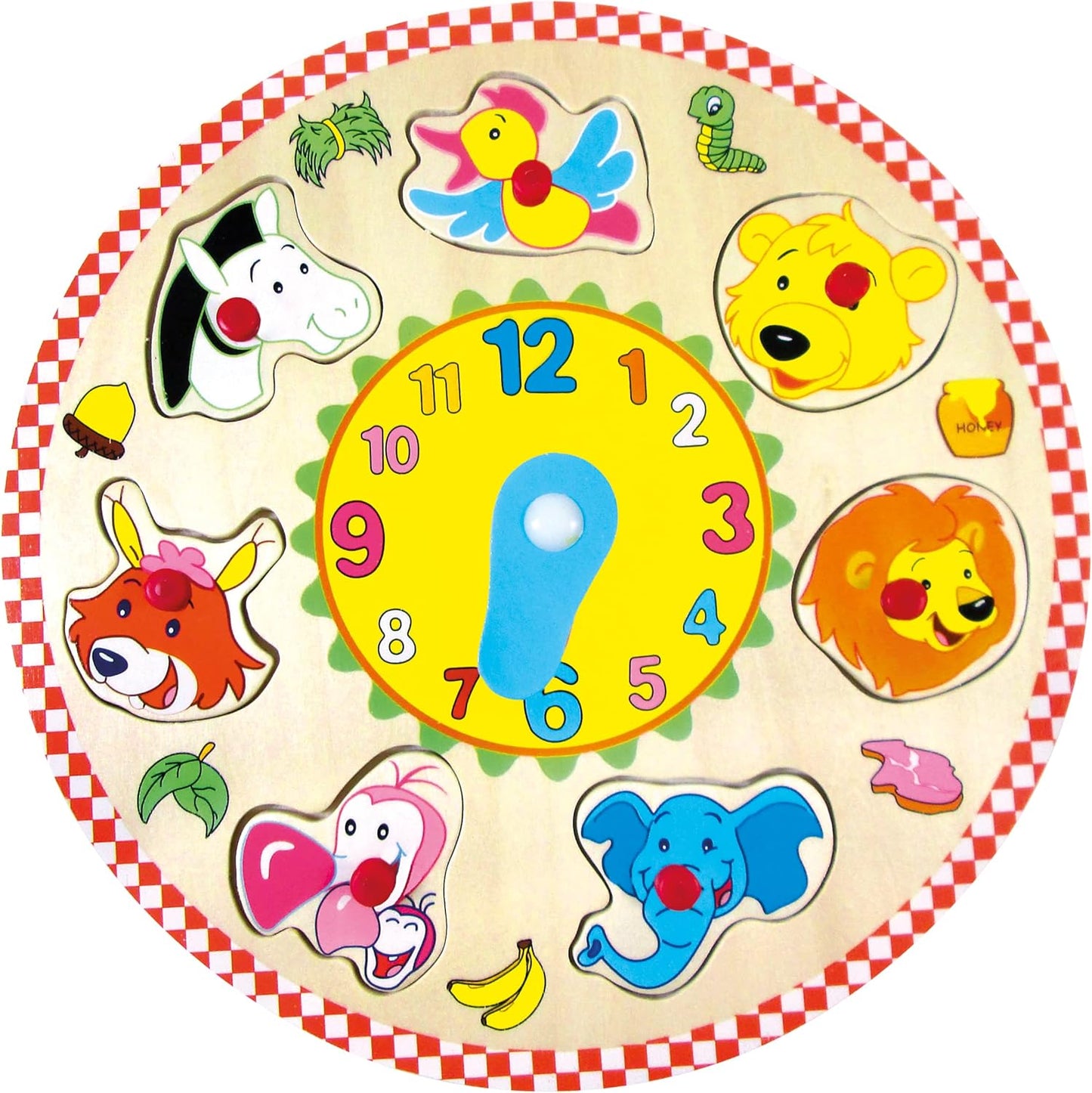 Bino & Mertens 88062 Steckpuzzle mit Uhr, Lernspielzeug (Kinderpuzzle ab 3 Jahre, mit 7 einfachen und lustigen Tiermotiven, fördert Wahrnehmung und Verständnis von Uhrzeiten, Größe ca. 25x2x25 cm), Mehrfarbig