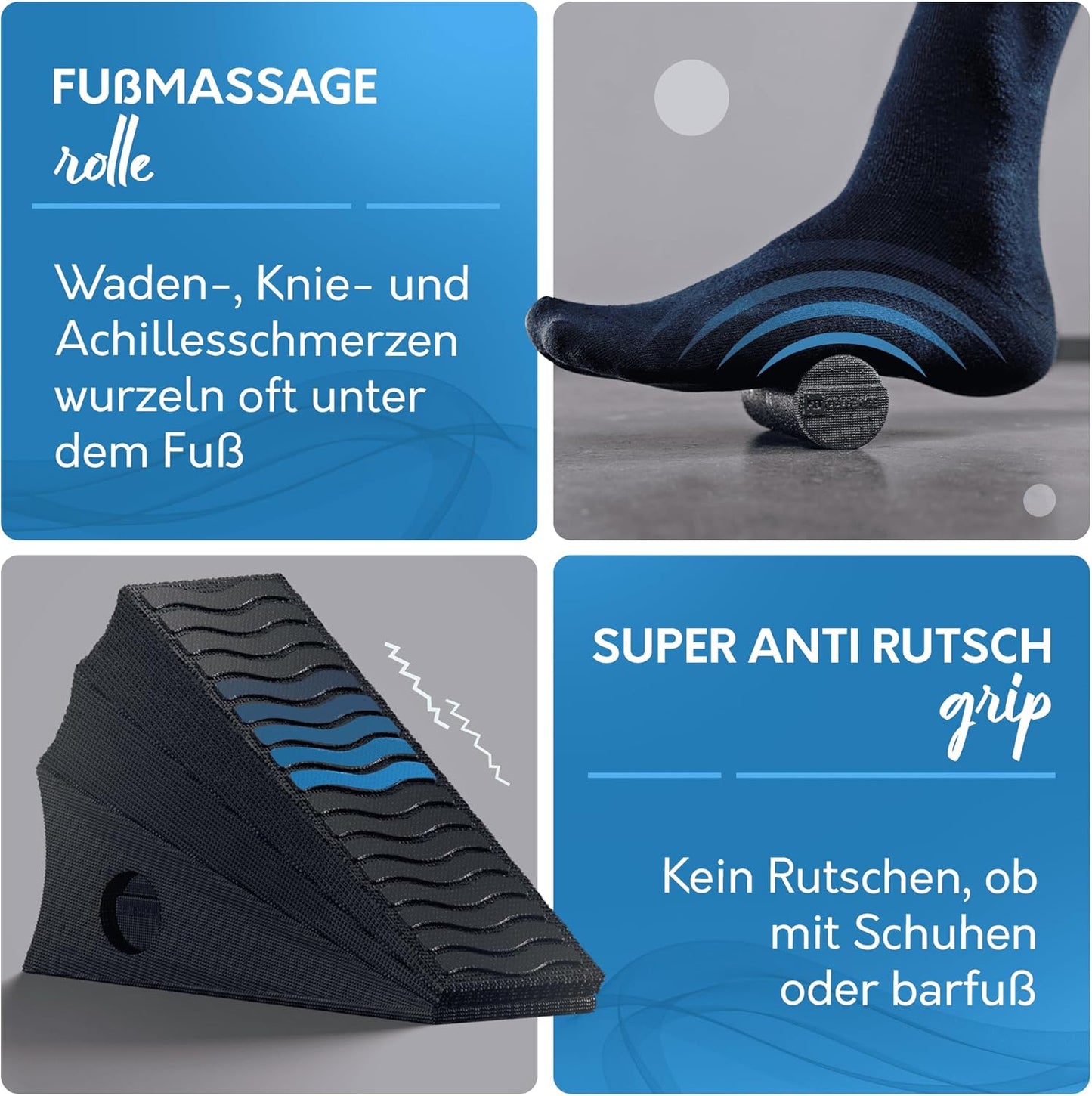 FITCELLENCE® Wadendehner 4er Set, inkl. Massagerolle & Tragetasche aus PET Flaschen, Kniekeil, Wadenstrecker zum Dehnen, Wadendehner Keil mit Übungen, Mobilisationskeil