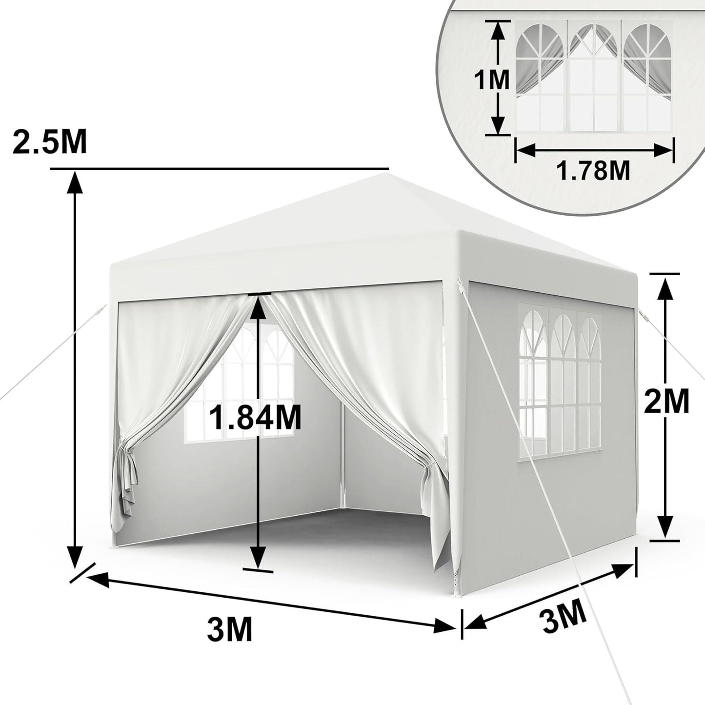 Aufun - Pavillon 3x3m Wasserdicht Gartenpavillon mit 4 Seitenteilen und Fenstern für Garten, Partys, Hochzeiten, Picknicks, faltpavillon aus Oxford Metallrahmen, stabil UV-Schutz, Weiß