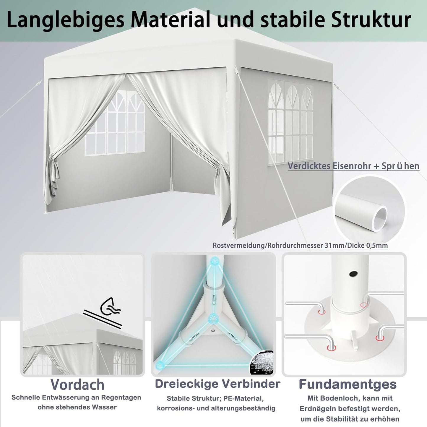 Aufun - Pavillon 3x3m Wasserdicht Gartenpavillon mit 4 Seitenteilen und Fenstern für Garten, Partys, Hochzeiten, Picknicks, faltpavillon aus Oxford Metallrahmen, stabil UV-Schutz, Weiß